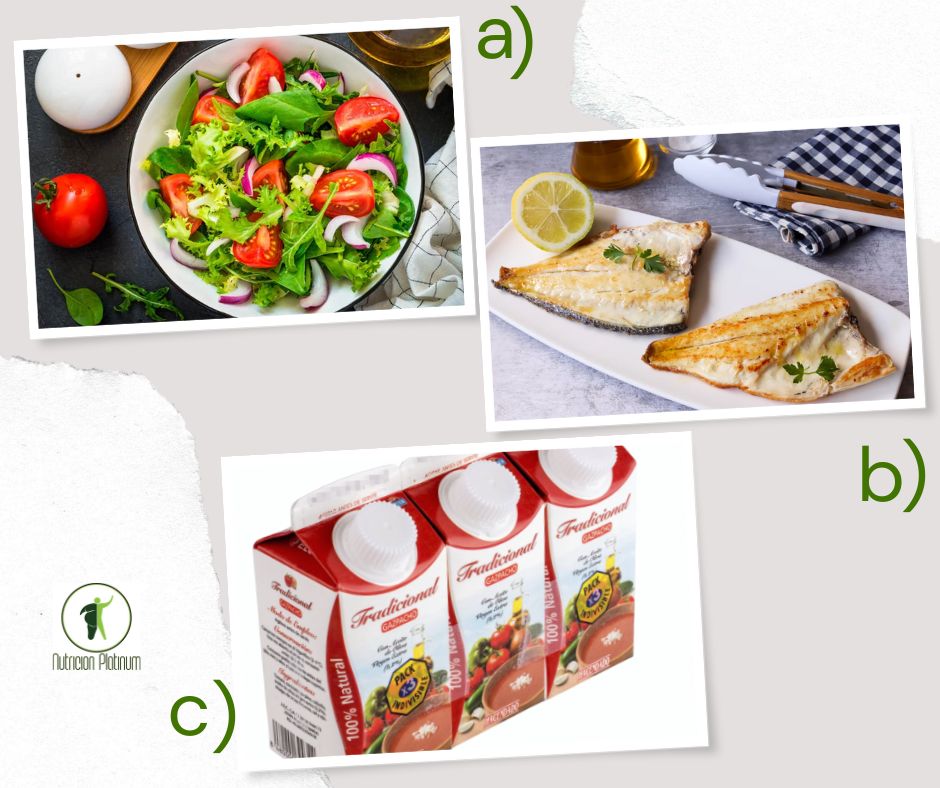 Ensalada de lechuga y espinacas con dorada a la plancha y 1 tetrabrik mini de gazpacho en conserva.